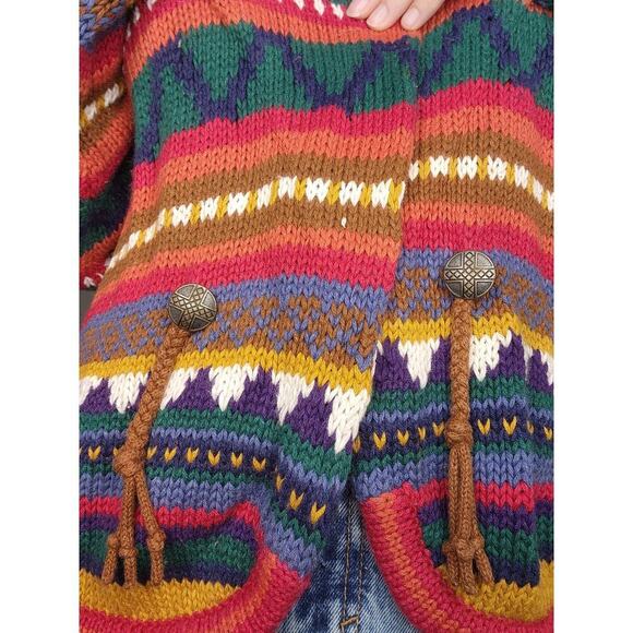 Vtg 80s Southwestern Concho Geometric Knit Colorful Rainbow Boho Sweater Sz L - Picture 7 of 9